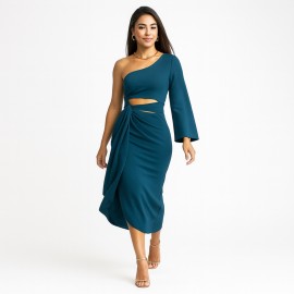 Vestido Midi Ombro �nico com Recortes na Cintura, Bojo e Forro