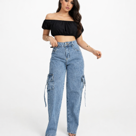 Cal�a Jeans Cargo Wide Leg Cintura Alta com Bolsos Laterais Estilo Streetwear