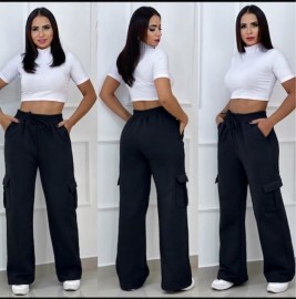 Cal�a Moletom Flanelado Grosso Cargo Pantalona Feminina